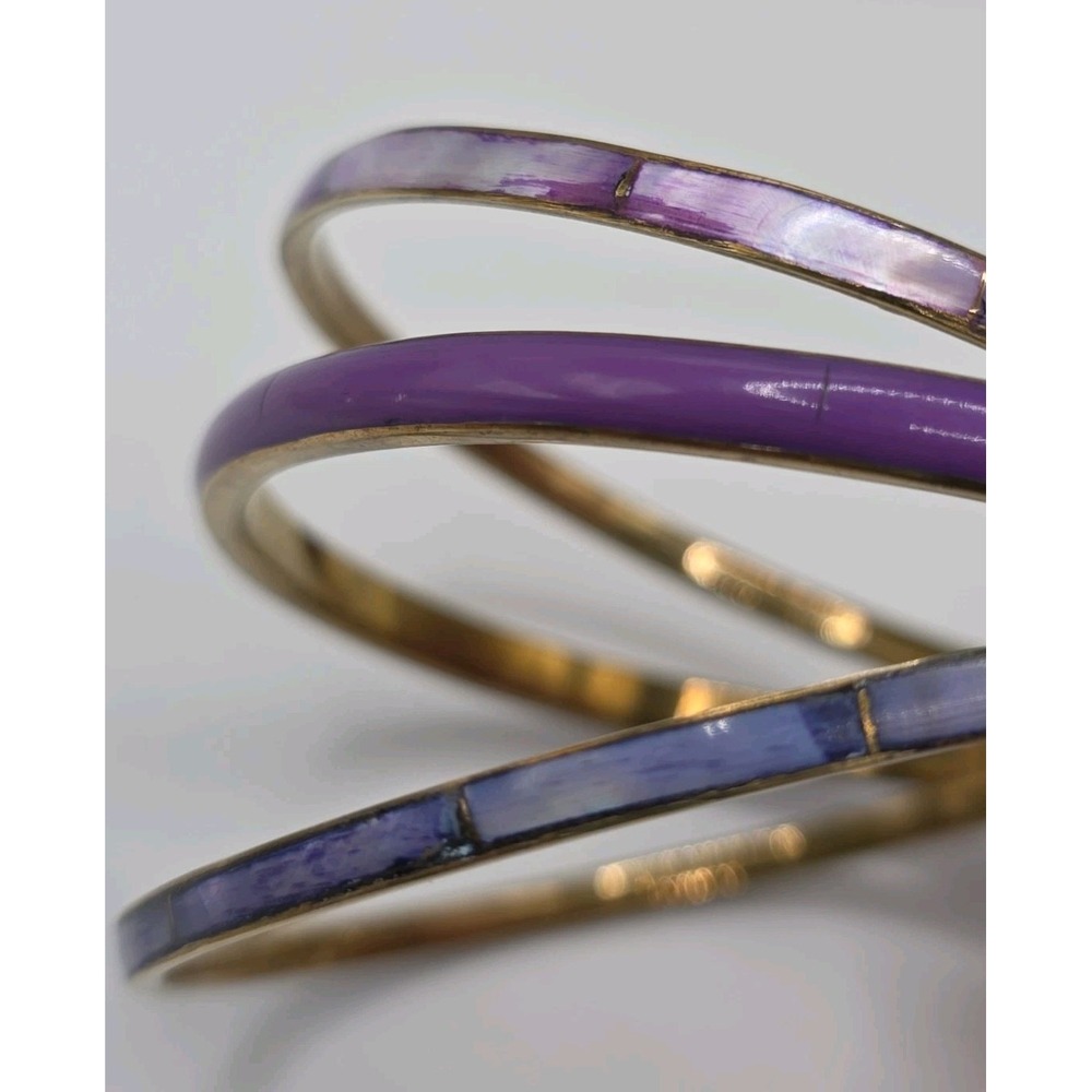 Vintage Brass Inlay Purple Mother Of Pearl Shell Boho Bangle Bracelets Set Of 3